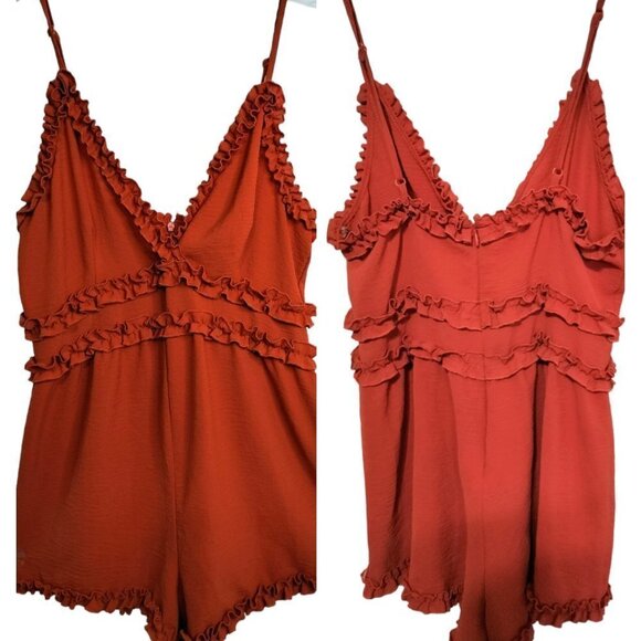 (652) Iris Valentine Burnt Orange Ruffle Trim Romper Size Medium - Picture 1 of 6